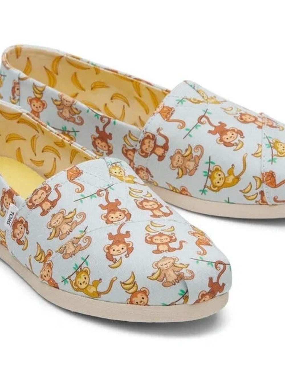 NWT❤️Toms Kids Monkey & Banana Print Canvas Slip-Ons in White and Yellow